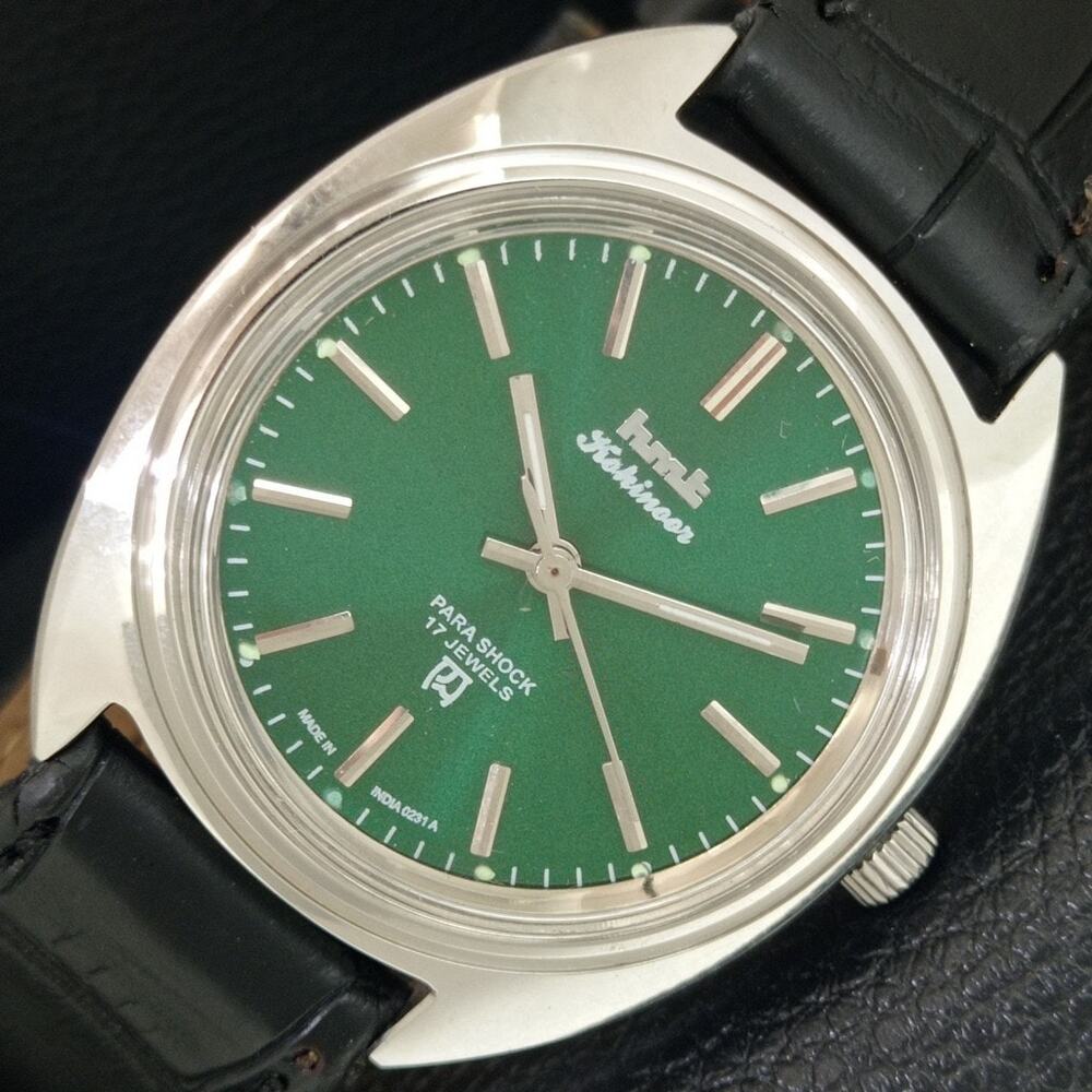 Vintage 1980 HMT Manual Wound Mens Silver Watch & Green accents